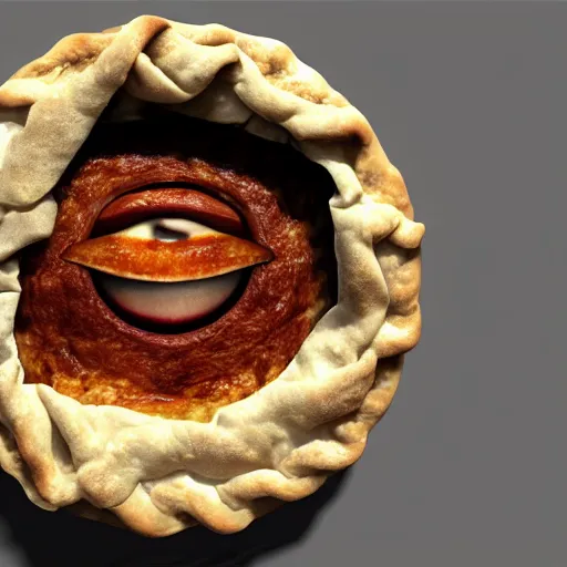 Image similar to a pie with eyes peeking out from under the crust, unreal engine, octane render