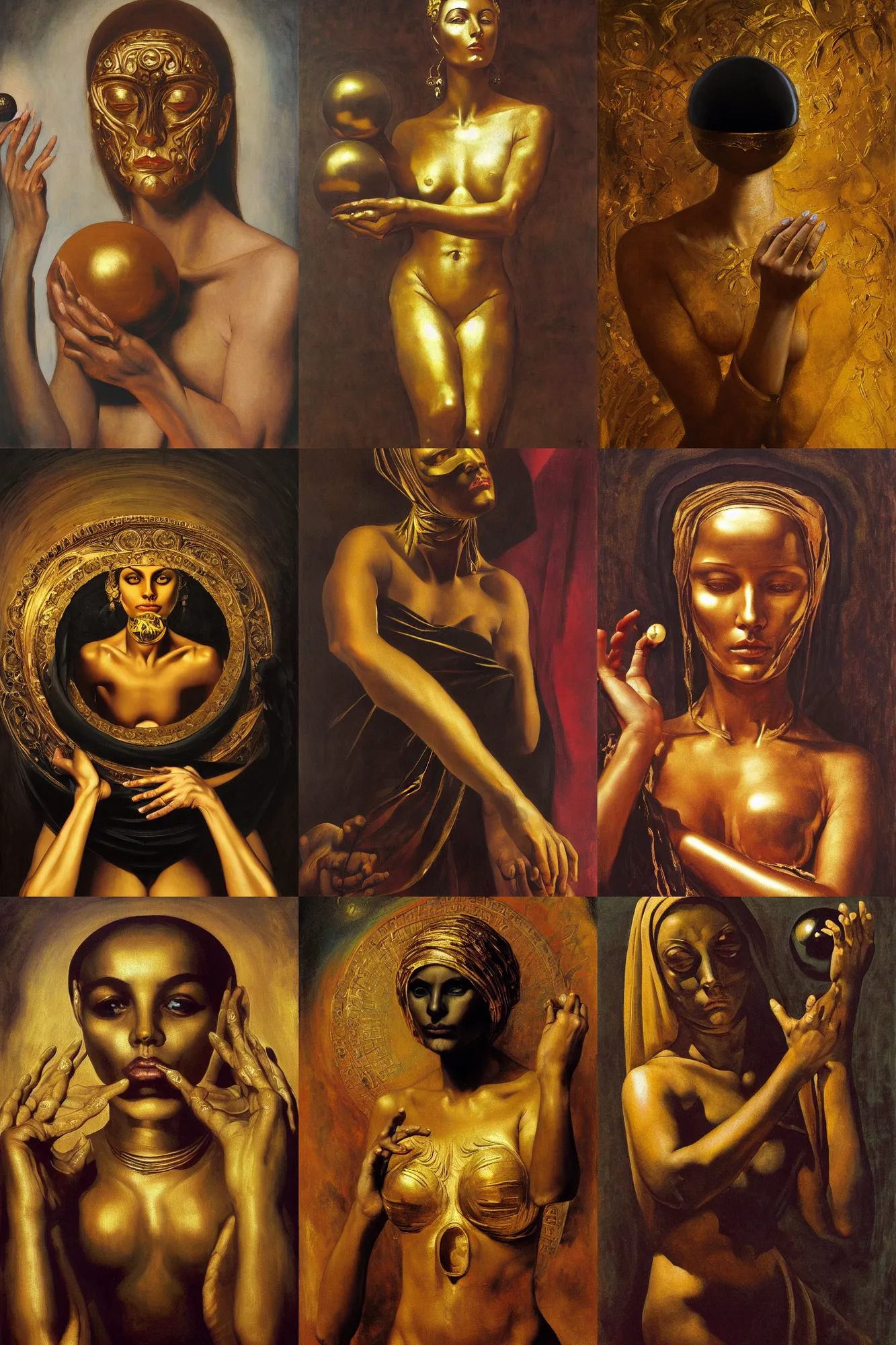 Prompt: Realistic painting of beautiful woman in golden mask who holds a black voidness sphere in her hands, black cloth, shadows in baroque folds on background, the long shot, dramatic lighting, high-detailed oil painting by Ilya Repin, William Blake, Michelangelo da Caravaggio and Beksinski, masterpiece, 4k