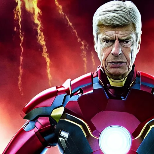 Image similar to arsene wenger as iron man, unmasked, movie still, cinematic, photorealistic, extreme detail, sharp focus, 8 k, rain, close up, anamorphic lens, lighting, dark