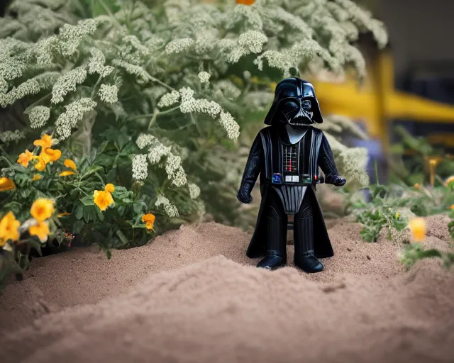 Prompt: 8 5 mm photography of darth vader playing with toys near a garden with sand with dof and bokeh and flowers