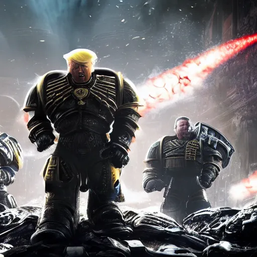 Image similar to Portrait of donald trump as the emperor of humanity from warhammer 40k in Gears of War, splash art, movie still, cinematic lighting, dramatic, octane render, long lens, shallow depth of field, bokeh, anamorphic lens flare, 8k, hyper detailed, 35mm film grain