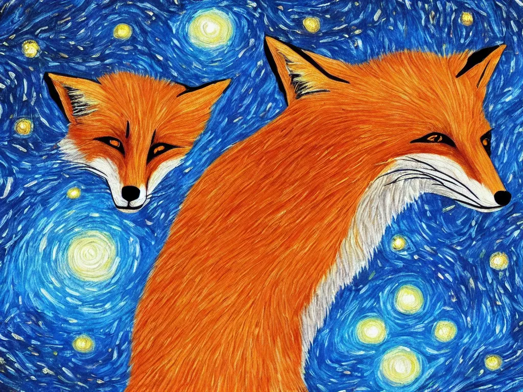 Image similar to a centred zoomed out painting of a fox in the style of Starry Night, highly detailed