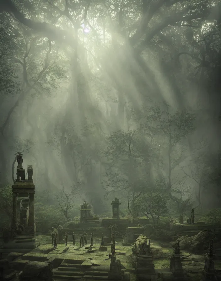 Image similar to an ancient temple with statues lost in a gigantic forest by maena paillet, painting, cinematography, epic lighting, volumetric, fog, god rays