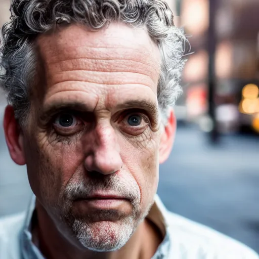 Image similar to closeup portrait of a Jordan Peterson , new york back street , by Steve McCurry and David Lazar, natural light, detailed face, CANON Eos C300, ƒ1.8, 35mm, 8K, medium-format print