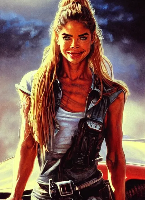 Prompt: portrait of a 25 year old Denise Richards as a mechanic character in Mad Max, looking at camera, intricate, dystopian, sci-fi, extremely detailed, digital painting, artstation, concept art, smooth, sharp focus, illustration, soft lighting, incredible art by artgerm and greg rutkowski and alphonse mucha and simon stalenhag