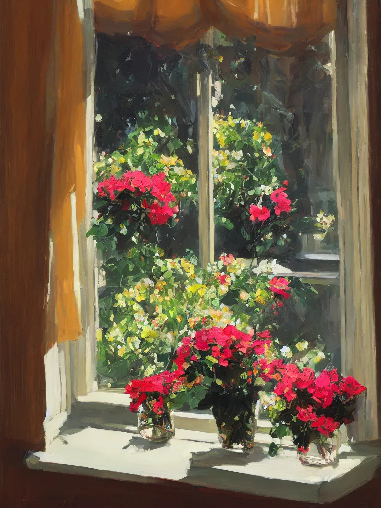 Image similar to gorgeous flowers by Ben aronson, oil on canvas, evening, window with art nouveaucurtains