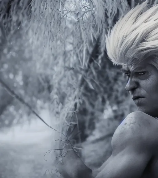 Image similar to award winning 5 5 mm close up portrait color photo of super saiyan trump, in a park by luis royo. anime horror style. soft light. sony a 7 r iv