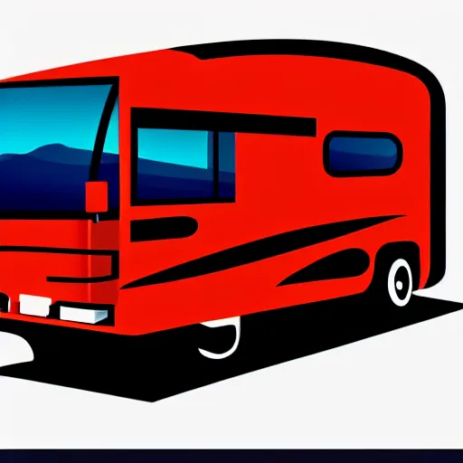 Prompt: very very very stylized minimal vector graphic of a thor chateau motorhome, mountains, highway and sunset!!, white background, dramatic, professional minimal graphic design cartoon