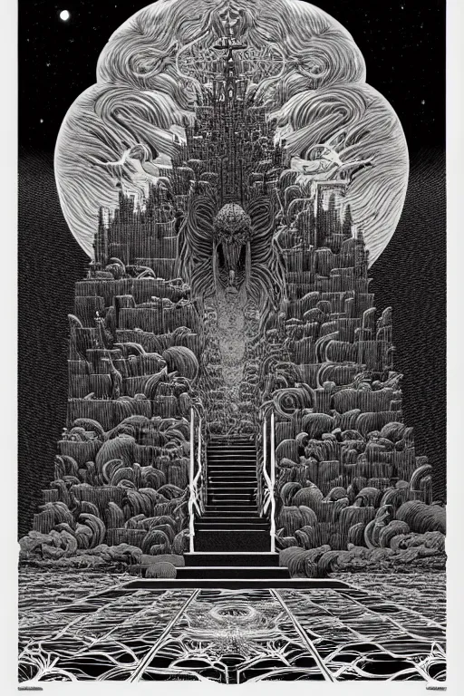 Image similar to infermal majesty's throne by nicolas delort, moebius, victo ngai, josan gonzalez, kilian eng