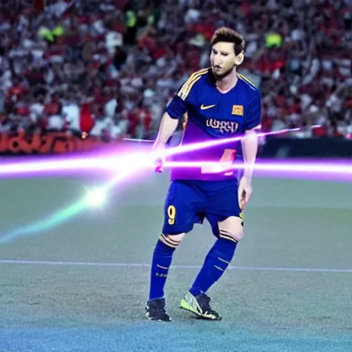 Image similar to a picture of messi shooting a laser beam