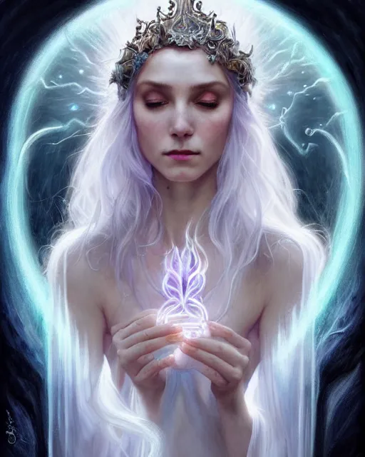 Image similar to realistic portrait of a beautiful white witch, crafting spells, bright witch, beautiful face, fantasy, chaos, magic, dark magic, dramatic lighting, intricate, wild, highly detailed, digital painting, artstation, concept art, smooth, sharp focus, illustration, art by artgerm and greg rutkowski and alphonse mucha, footage from space camera