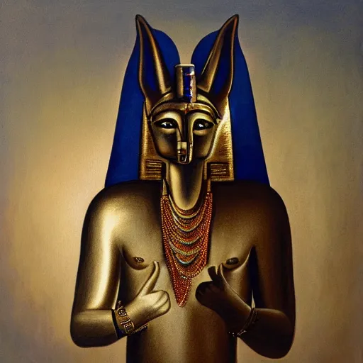 Image similar to painting of the god Anubis wearing an office suit with a gold necklace, looking at the camera, black background, studio light