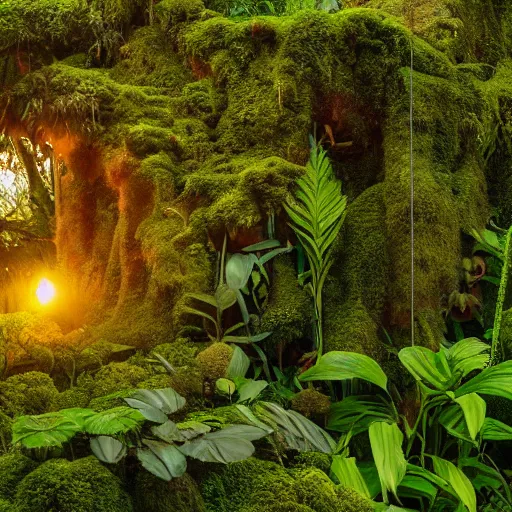 Prompt: a jungle temple surrounded by moss and tropical flowers, with a sunset, by alex horley, bokeh photography, amber colour