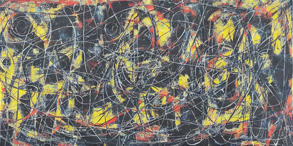 Image similar to “ a geometric mixed media painting, collaboration with pierre soulages and jackson pollock in which the paint strokes express a symphonic poem, ultra detailed, elaborate, 2 d with 3 d feel, unique textures, pattern, orchestra, music wave patterns embedded in the paint, triadic colors, hazy noisy tones ”