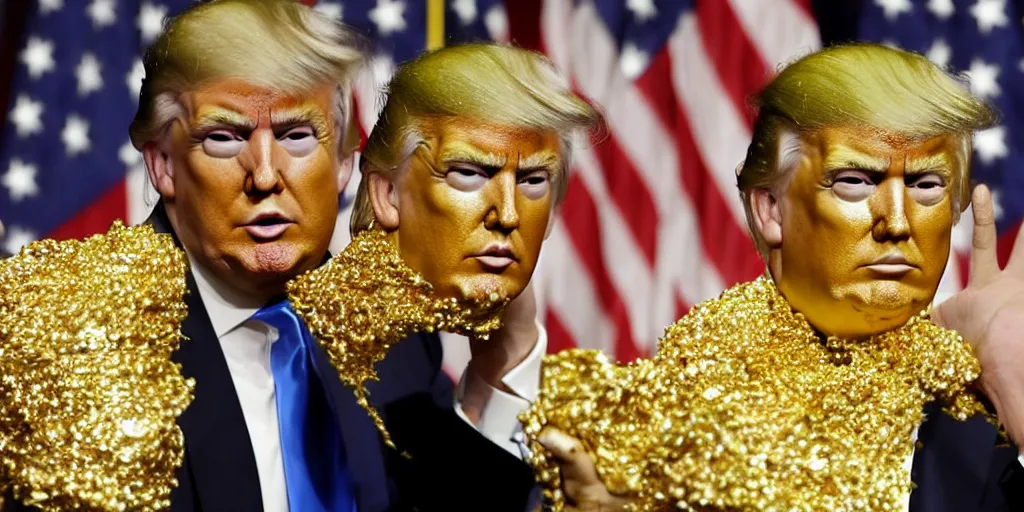 Image similar to Donald Trump covered in gold and diamonds at a press briefing AP news photo