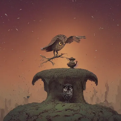 Image similar to long shot of a duo owl, duolingo, art by esao andrews, by james jean, marc simonetti, by victo ngai, humorous illustration, hyperrealistic, big depth of field, warm colors, night scenery, dim light, 3 d octane render, 4 k, tilt shift, conceptart, hyperdetailed, hyperrealistic, trending on artstation