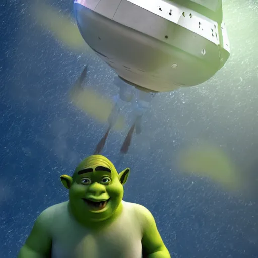 Image similar to shrek flying in a spacex ship, cinematic lighting, detailed, sharp focus