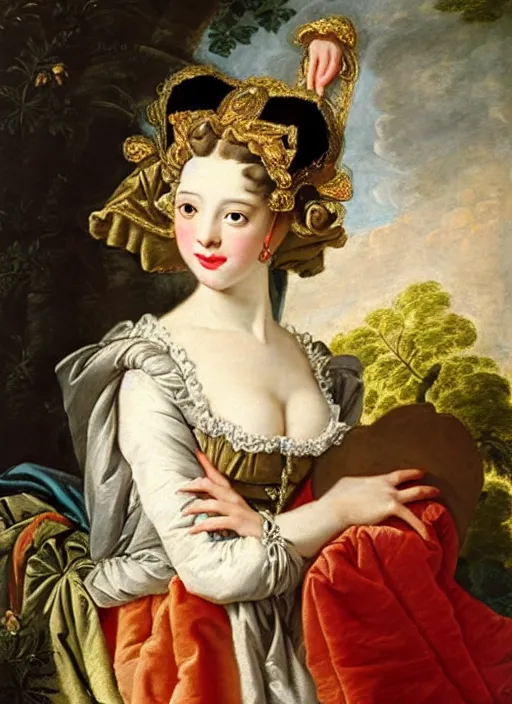Image similar to portrait of young woman in renaissance dress and renaissance headdress, art by francois boucher