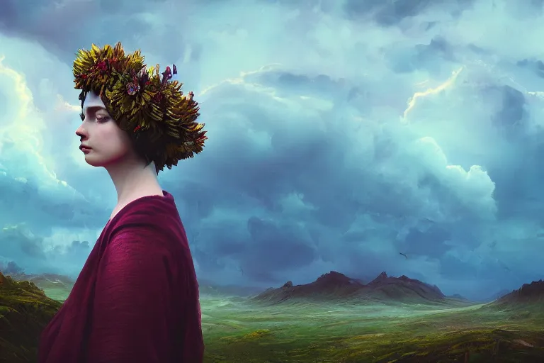 Image similar to giant dahlia flower crown under head, portrait girl on mountain, surreal photography, blue storm clouds, dramatic light, impressionist painting, digital painting, artstation, simon stalenhag