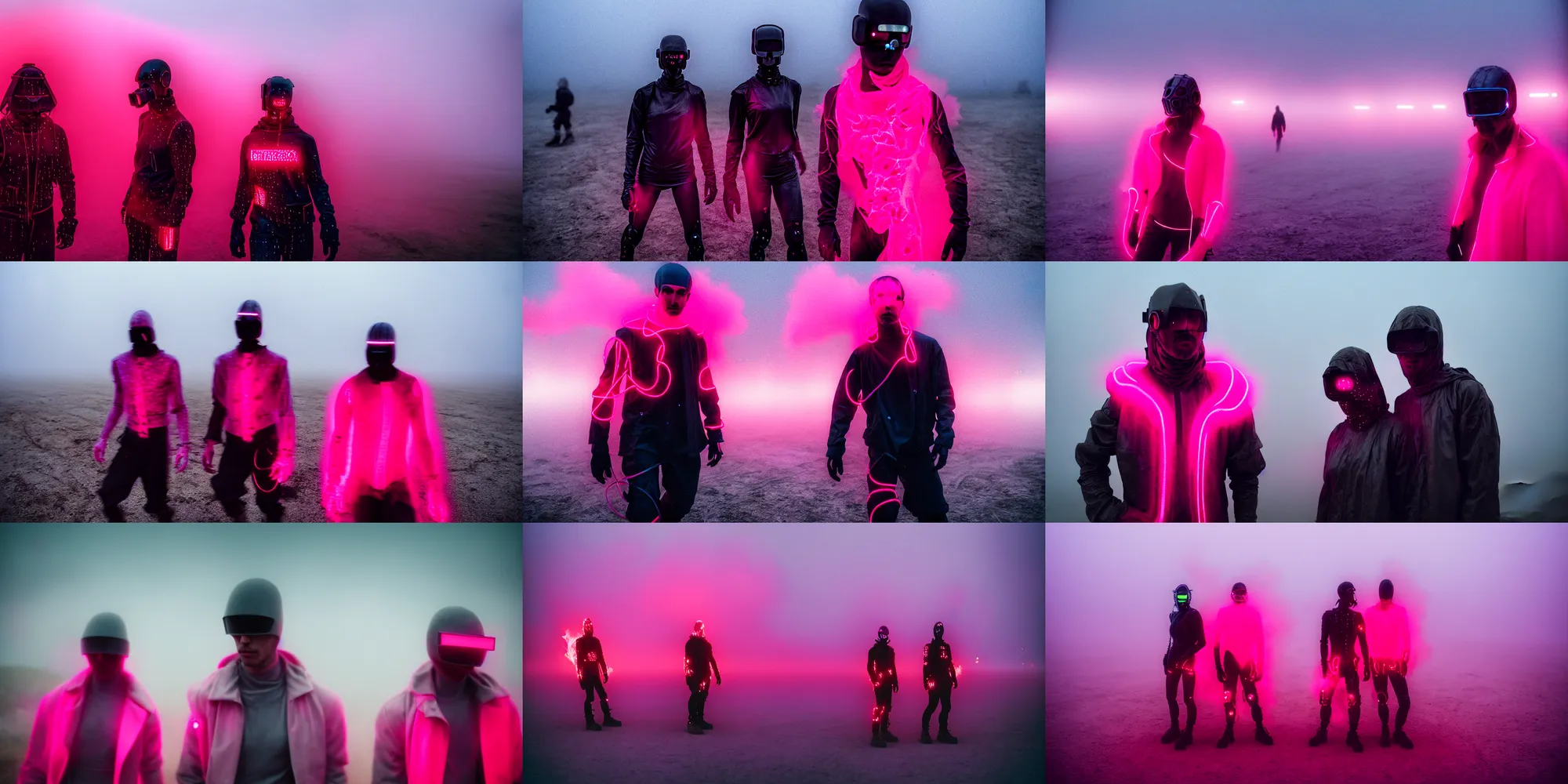 Prompt: cinestill hasselblad 2 0 0 mm, f 1. 2, extreme motion blur, candid photographic portrait by robert capas of 2 cyborgs wearing rugged neon pink mesh techwear in treacherous fog, burning man nevada, modern cyberpunk moody depressing cinematic, pouring rain, ultra realistic faces, ex machina