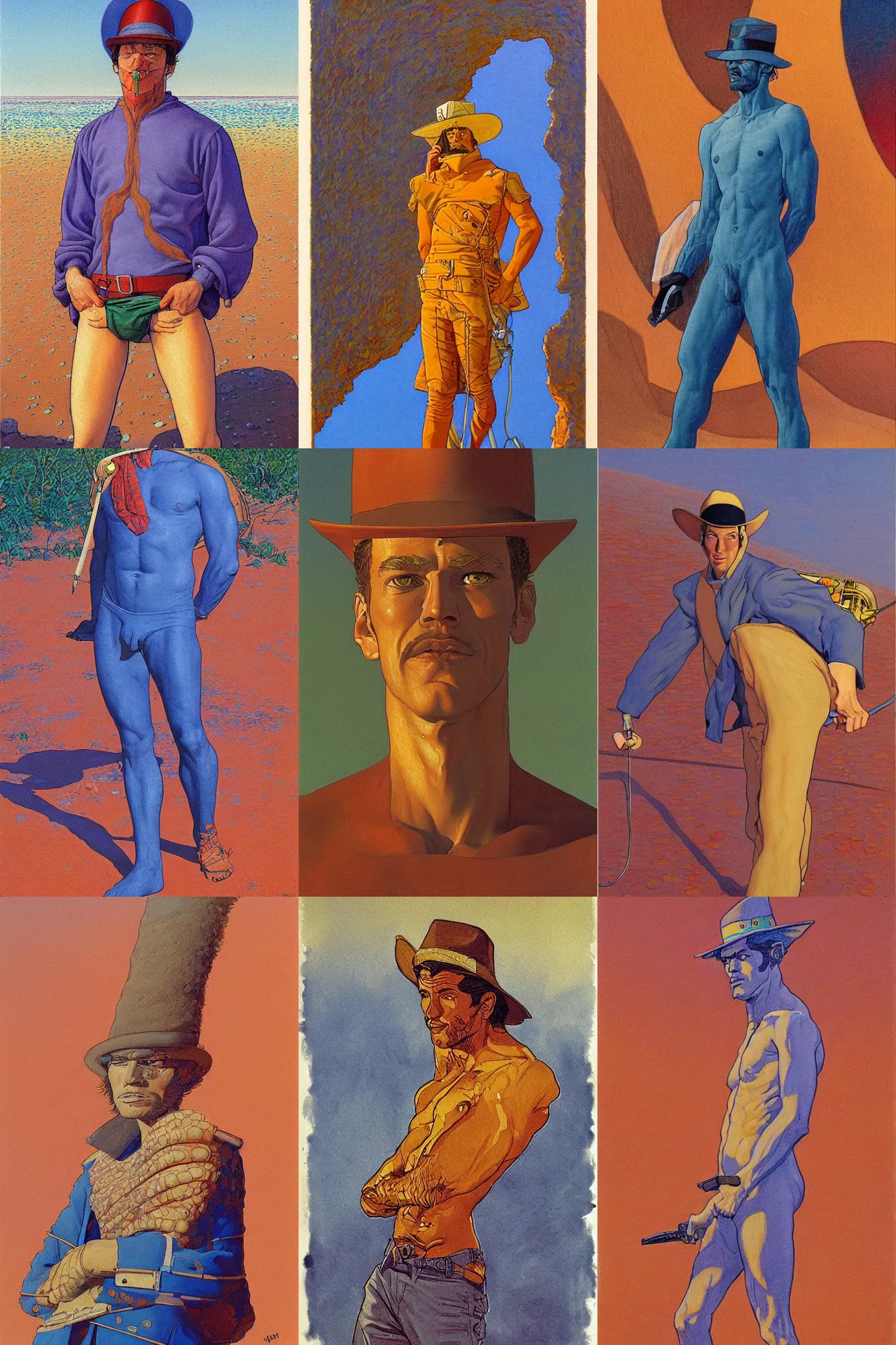 Prompt: attractive male, painting by jean giraud