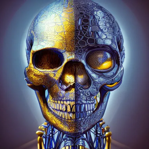 Image similar to hyperdetailed robotic skeleton head with blue human eyes, human eyes, symetry, golden ratio, iconography, intricate, detailed, volumetric lighting, scenery, digital painting, highly detailed, artstation, sharp focus, illustration, artstation, detailed cel shaded