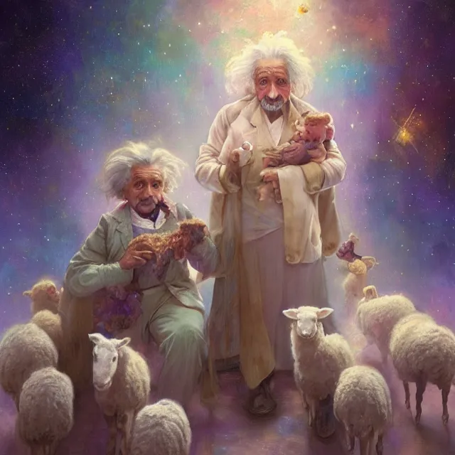 Prompt: albert einstein with his wife and child herding sheeps surrounded by nebula, highly detailed, gold filigree, romantic storybook fantasy, soft cinematic lighting, award, disney concept art watercolor illustration by mandy jurgens and alphonse mucha and alena aenami, pastel color palette, featured on artstation