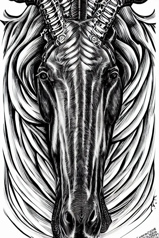 Prompt: evil horse with a horn, symmetrical, highly detailed, digital art, sharp focus, trending on art station, kentaro miura manga art style