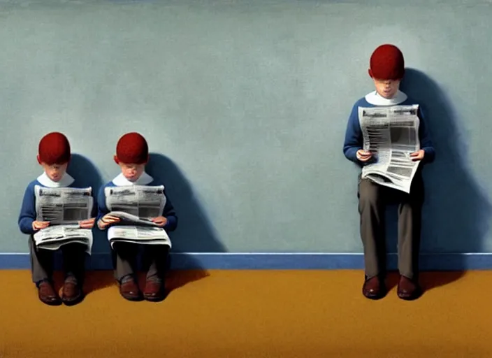 Image similar to a very boring day in school, kids wearing identical clothes reading newspapers, painting by quint buchholz and ray caesar, muted colors, gray, dull, boring, low energy, pale blue faces, very detailed