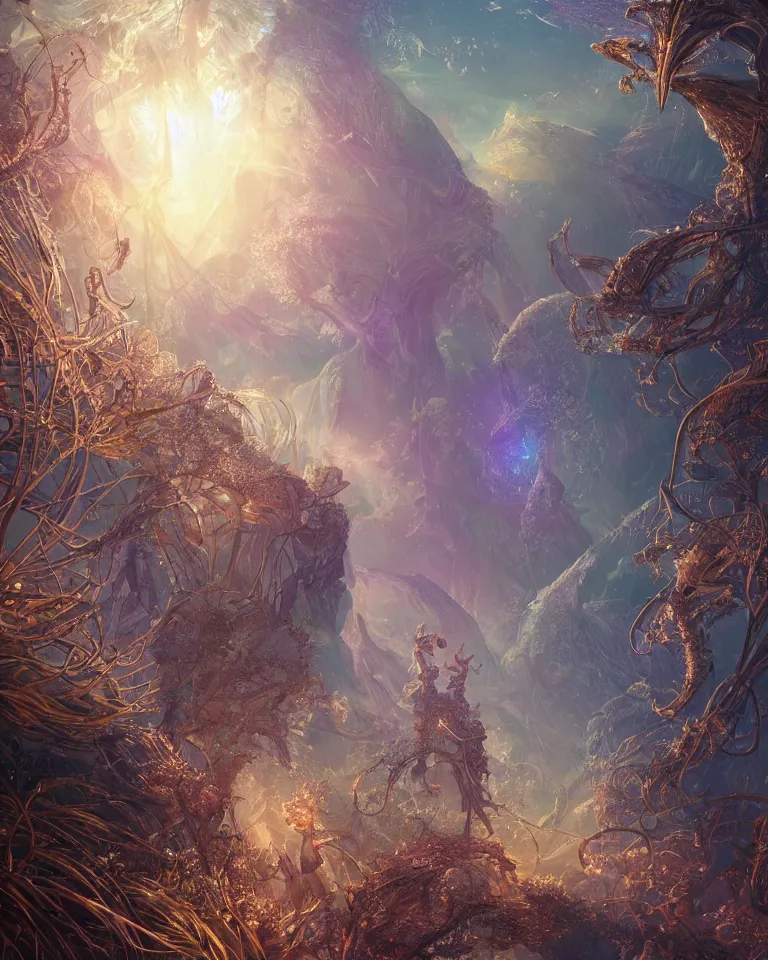 Image similar to Quantum entanglement, intricate, elegant, fantasy, sci-fi, highly detailed, digital painting, concept art, sharp focus, illustration, beautiful volumetric lighting, epic light, artstation, magic hour lighting, colorful, sunshine, springtime, art by Sylvain Sarrailh and Ernst Haeckel