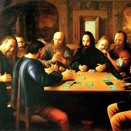 Image similar to a renaissance painting of keanu reeves playing poker with aliens. Dark, average quality, realistic faces, lonely