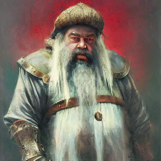 Prompt: Solomon Joseph Solomon and Richard Schmid and Jeremy Lipking victorian genre painting portrait painting of a old rugged actor dwarven king warrior in armor from the hobbit , red background