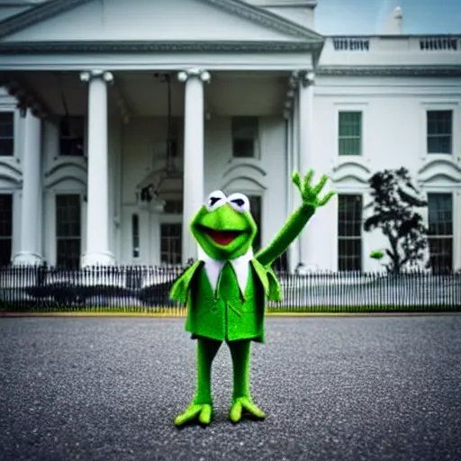 Prompt: “Kermit the Frog as president of the United States, wearing a suit and tie in front of the White House with a helicopter, photo journalism unreal 4k”