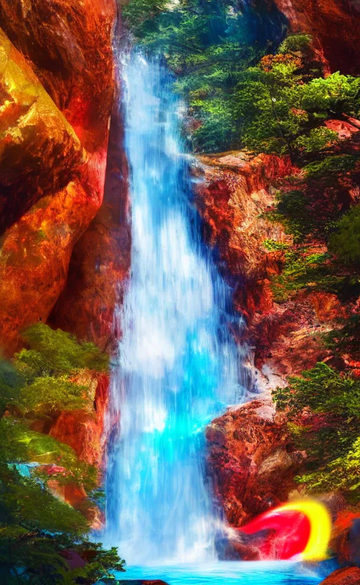 Image similar to looking up to a large rock mountain with a water fall flowing down from the top, the sun is behind it, neon colors, # 8 k, concept art, ultra detailed, photo, award winning