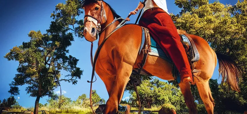 Image similar to “ luffy riding horse, side shot, 8 k resolution, high detailed ”