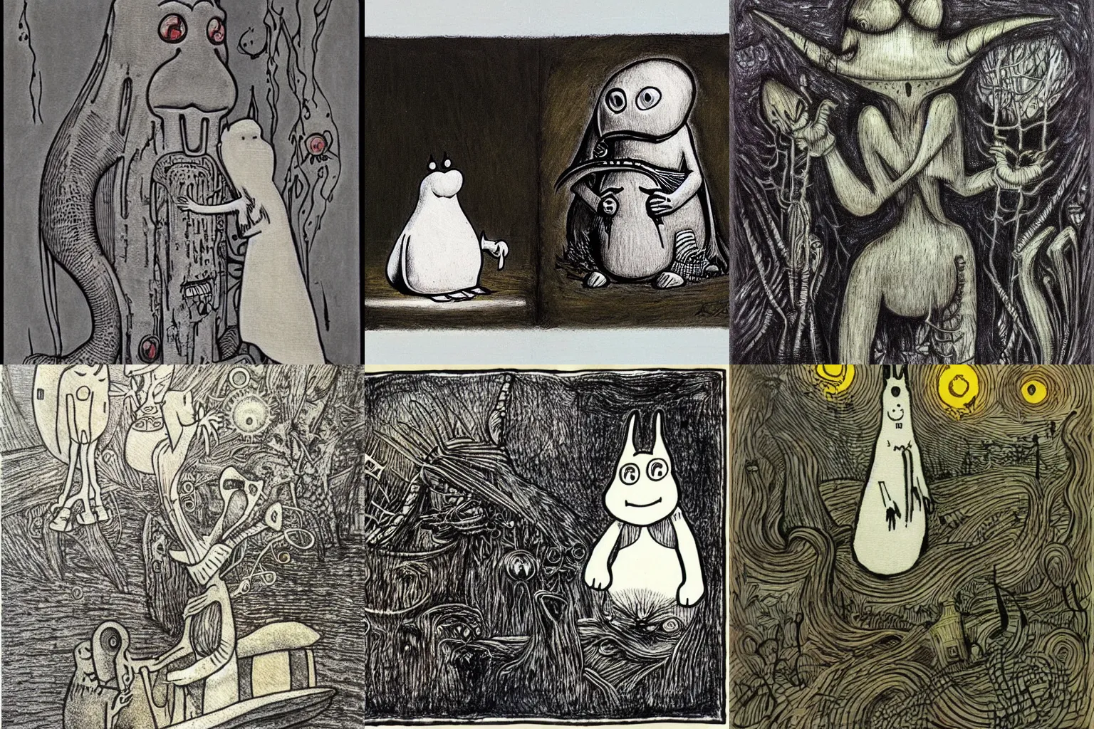 Prompt: moomins by h. r giger, traditional art