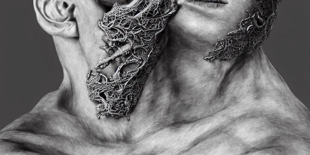 Image similar to hyper realistic photography of a stunningly beautiful cyborg male, elbow, plated arm, intimate, holding close, in the style of beth cavener, jin kagetsu,, and wlop, highly detailed, intricate filigree, symmetry, masterpiece, award winning, sharp focus, concept art, highkey lighting, ambient lighting, octane render, 8 k, artstation
