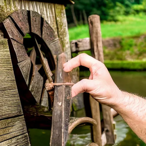 Image similar to fingers on a watermill wheel swiping up on a smartphone