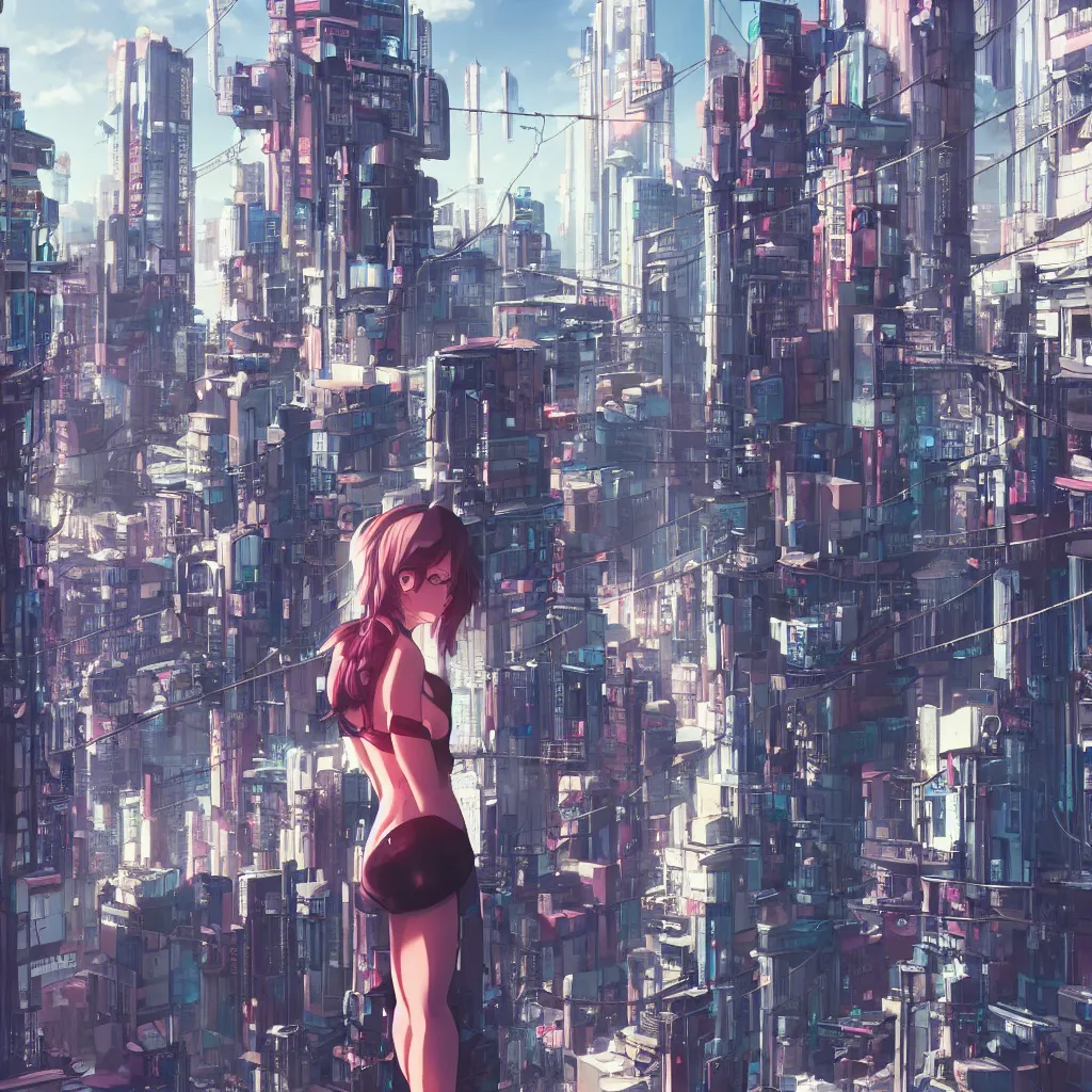 Prompt: a girl stands on top of a multi-storey building, anime style, 4k, cyberpunk city in the background, very detailed, by Ilya Kuvshinov