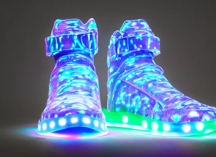 Image similar to generative design sneakers with led skin in the style of cyberdog, product shot, dynamic neon lighting