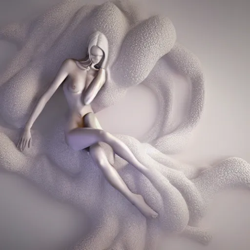 Prompt: 3 d fluid simulation render, octane render, xparticles, white colors, female bodies, female body covered in white blanket, white carved abstract sculpture, amethyst mineral quartz, swirly curls, abstract white fluid, golden edges and fractals