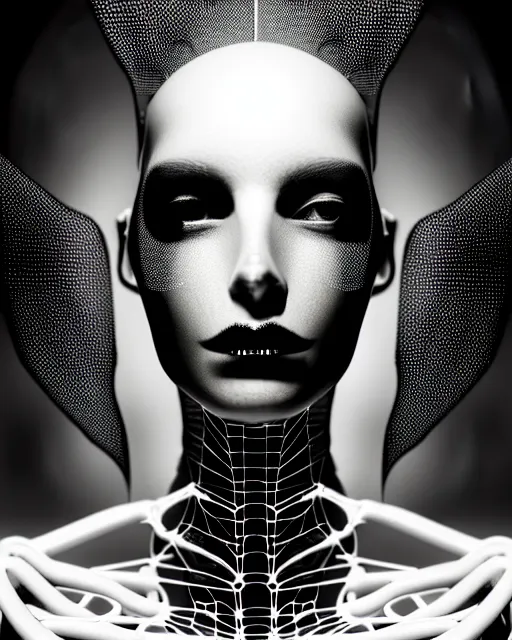 Image similar to black and white cyborg-plant goddess high quality photo, artificial intelligence, bio-mechanical bio-luminescence, artificial spider web, neurons, nerve cells, octane render, cinematic, hyper realism, photo-realistic, high detail, 8k, in the style of Steven Meisel and Dora Maar and H.G. Giger