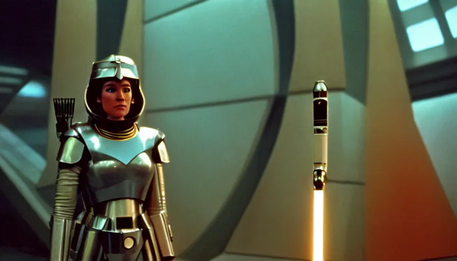 Image similar to 1 9 6 0 s movie still of a beautiful female valkyrie space marine, scifi, 2 0 0 1 a space odyssey, star wars, star trek, cinestill 8 0 0 t 3 5 mm, high quality, heavy grain, high detail, panoramic, cinematic composition, dramatic light, ultra wide lens, anamorphic, flares