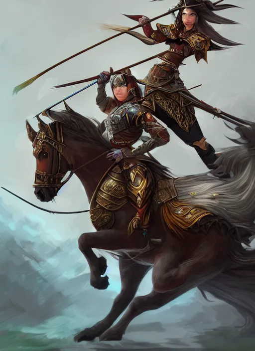 Prompt: a highly detailed illustration of fierce mongol warrior princess riding horse, heroic wielding bow pose, intricate, elegant, highly detailed, centered, digital painting, artstation, concept art, smooth, sharp focus, league of legends concept art, wlop.