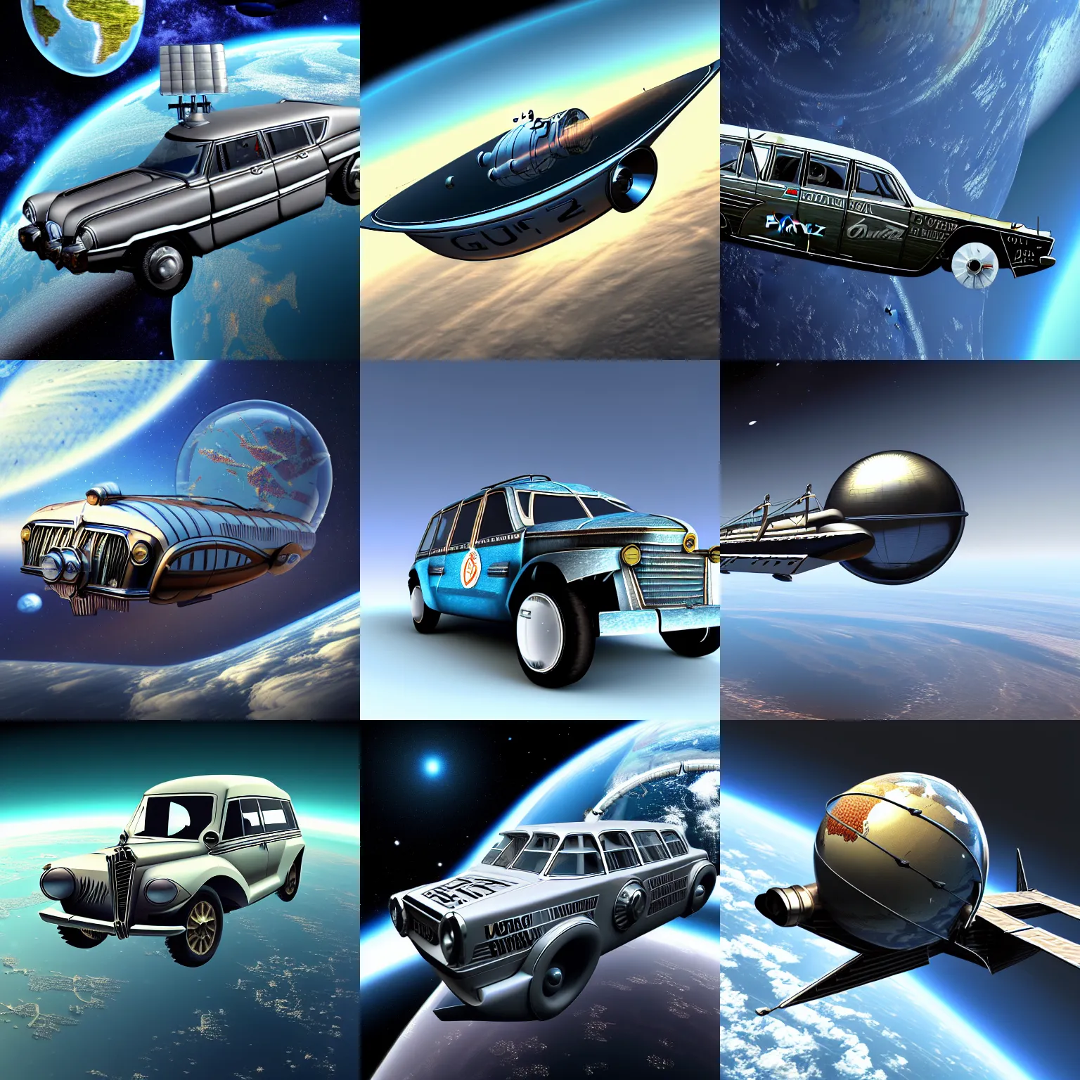 Prompt: russian car volga gaz - 3 1 0 2 fly in space in orbit of the planet earth, hyper detailed, hight detailed, futuristic, ultra realistic, cyberpunk, steampunk, no blur, 8 k