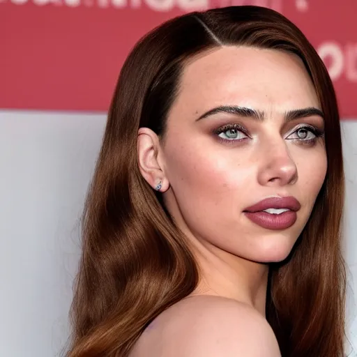 Image similar to a woman who is a genetic combination of kim kardashian and kat dennings and scarlett johansson and margot robbie and emma watson, face and upper - body focus, detailed eyes