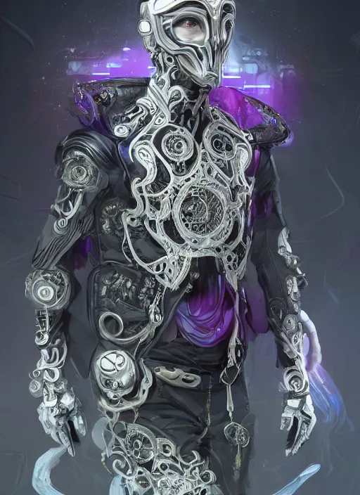 Image similar to a handsome male ornate cyborg with a white techwear mask, purple garment with art nouveau ivory accessories, dressed in black intricate lace and jewels, ethereal, misty, cyberpunk, darksynth, luxury, concept art by zeen chin, extremely detailed, artstation, andree wallin, edvige faini, alphonse mucha, 8 k, unreal engine 5