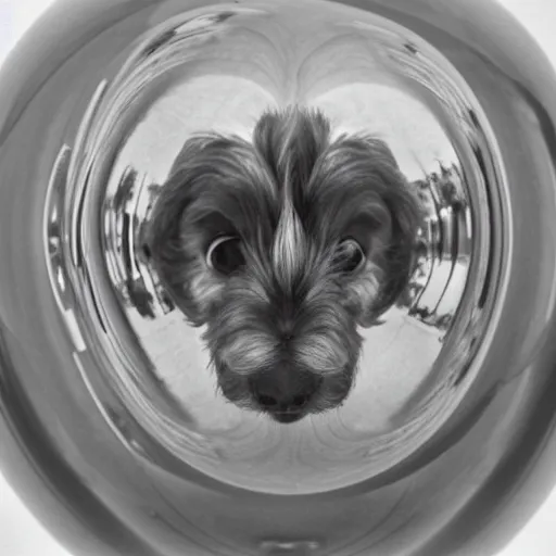 Prompt: self portrait of a havanese dog reflecting into a chrome sphere, 1 9 5 0 s, pen on paper, by mc escher