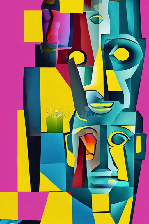 Image similar to cubist moai statue cutout digital illustration cartoon colorful beeple