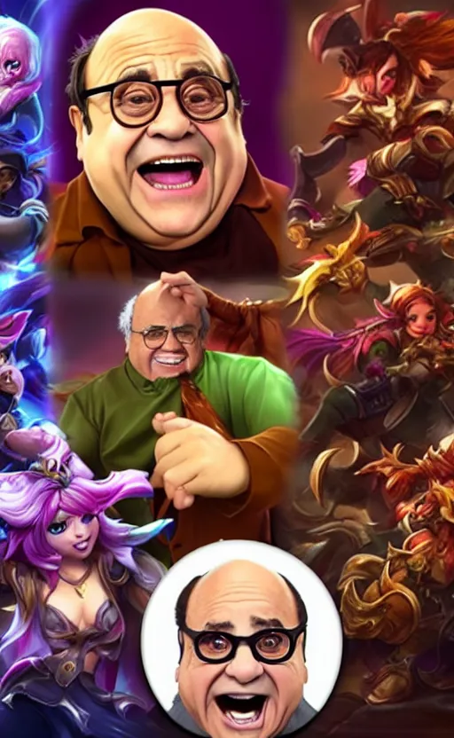 Image similar to Danny DeVito as a character in the game League of Legends, with a background based on the game League of Legends, detailed face, old 3d graphics